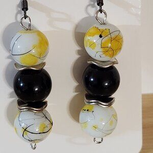Hand Crafted Earrings Pierced Dangle Beaded White Yellow Black